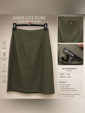 Love Culture Olive Green Midi Skirt with Front Zip
